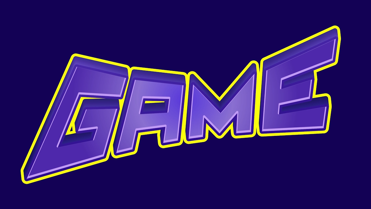 Texto 3D roxo dinâmico no estilo de jogo com contorno amarelo