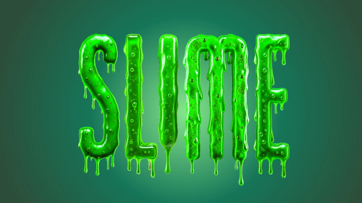 Texto 3D feito de escória verde brilhante com bolhas e manchas de slime