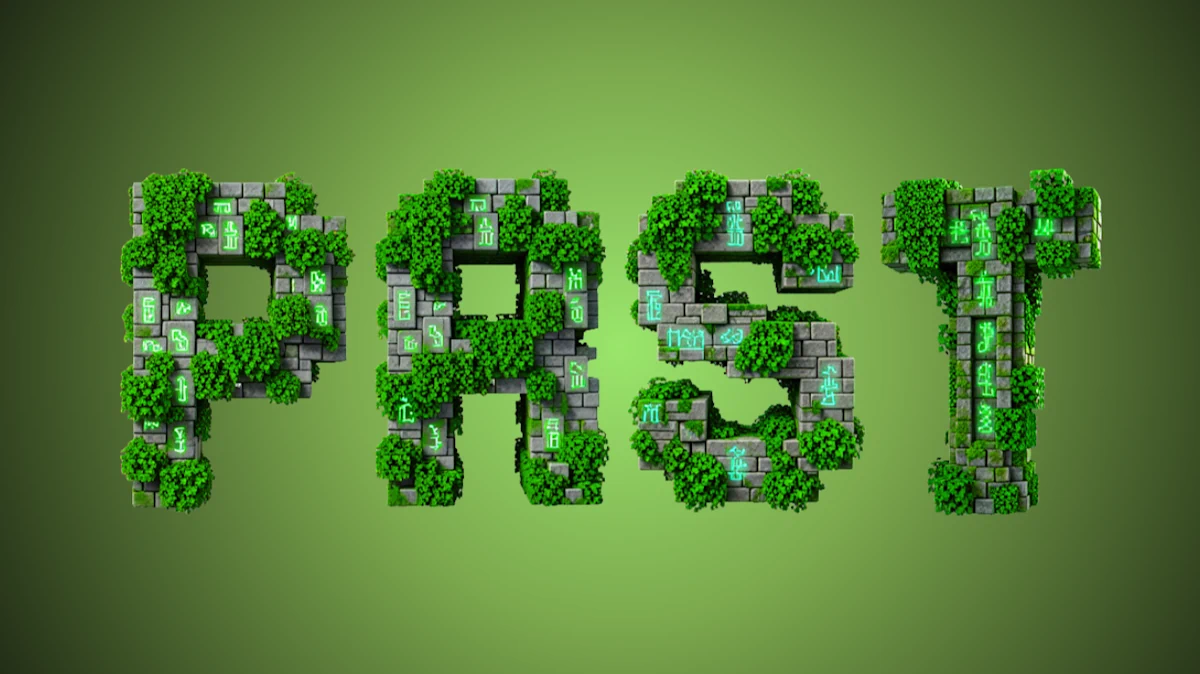Texto 3D feito de blocos de pedra antigos, cobertos de hiedra, com runas brilhantes