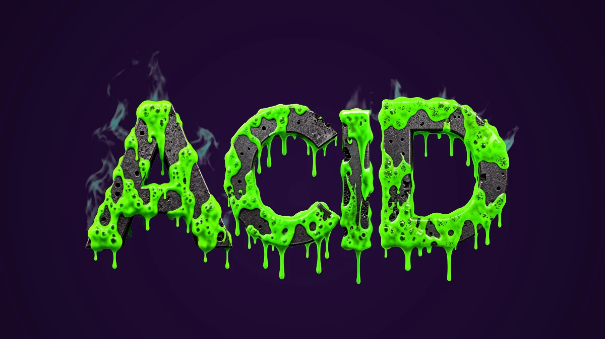 Texto 3D de metal escuro com escória ácida verde escorrendo