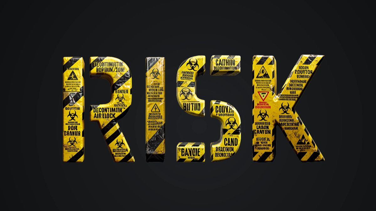 Texto 3D industrial com faixa de alerta amarelo-preto e sinais de biohazard
