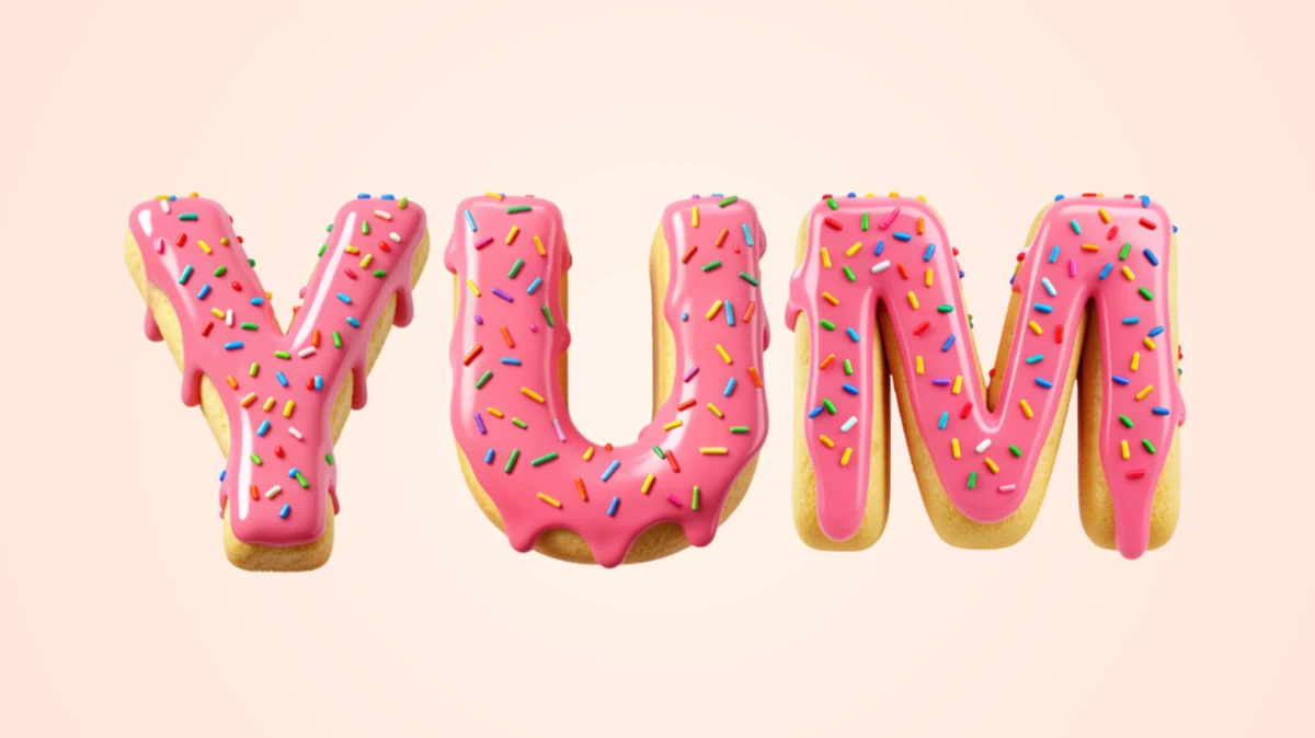 Texto 3D apetitoso em forma de rosquinhas com glaze rosa e cobertura colorida