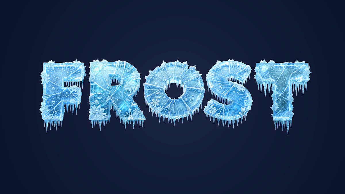 Texto 3D de gelo com rachaduras, flocos de neve e gotículas penduradas