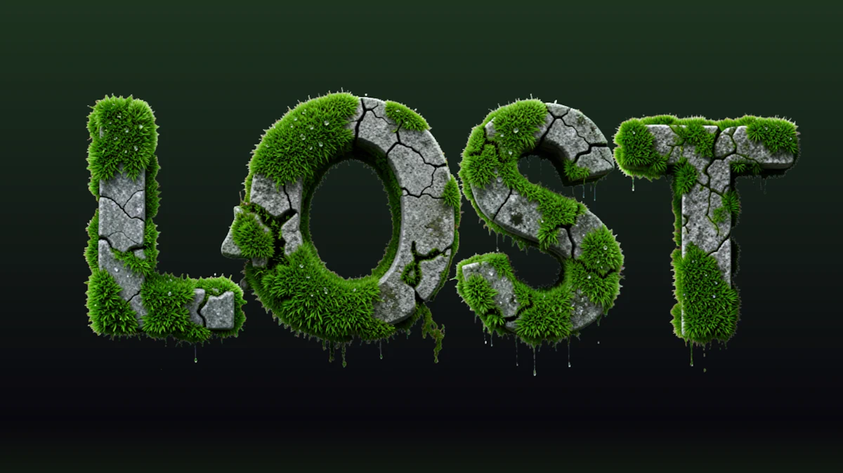 Texto 3D volumétrico de pedra rachada, coberta de musgo verde