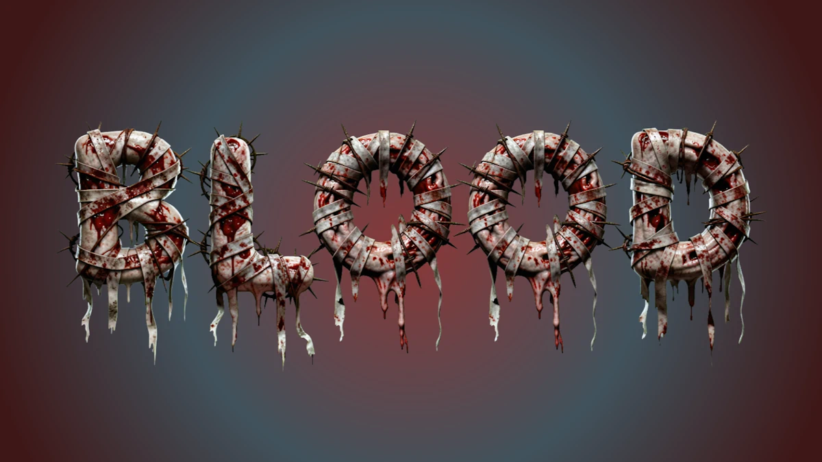 Texto 3D sangrento assustador feito de carne em ataduras com fio farpado