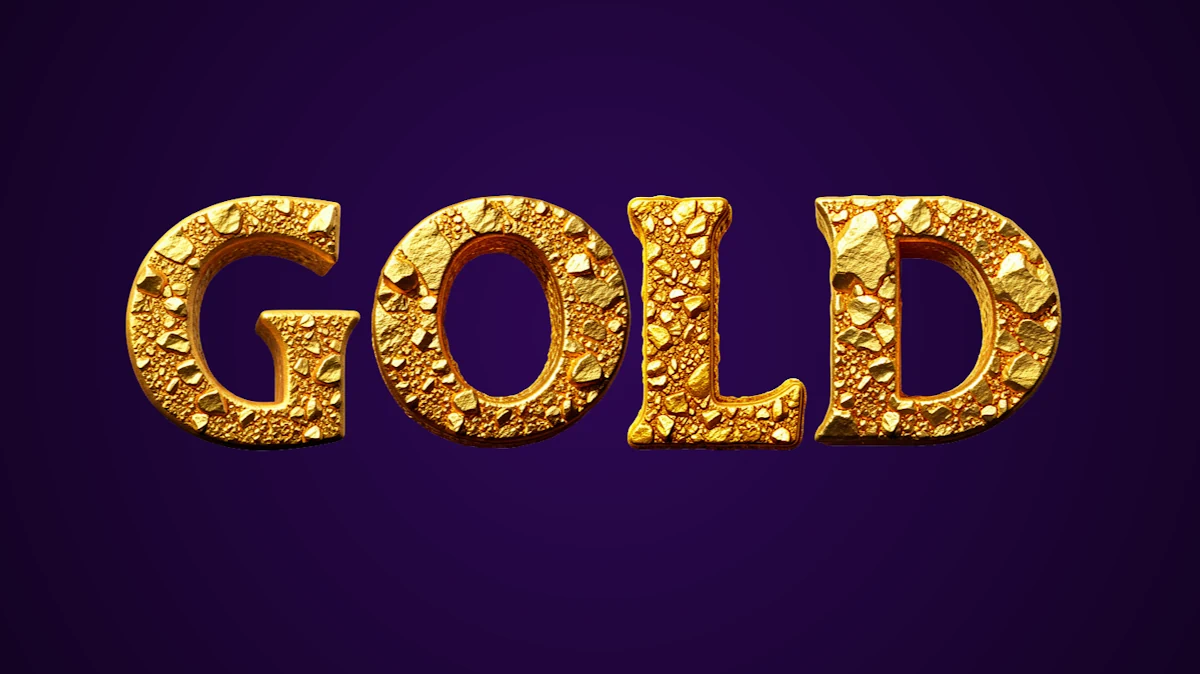 Texto 3D dourado volumétrico com textura de pepitas brilhantes de ouro