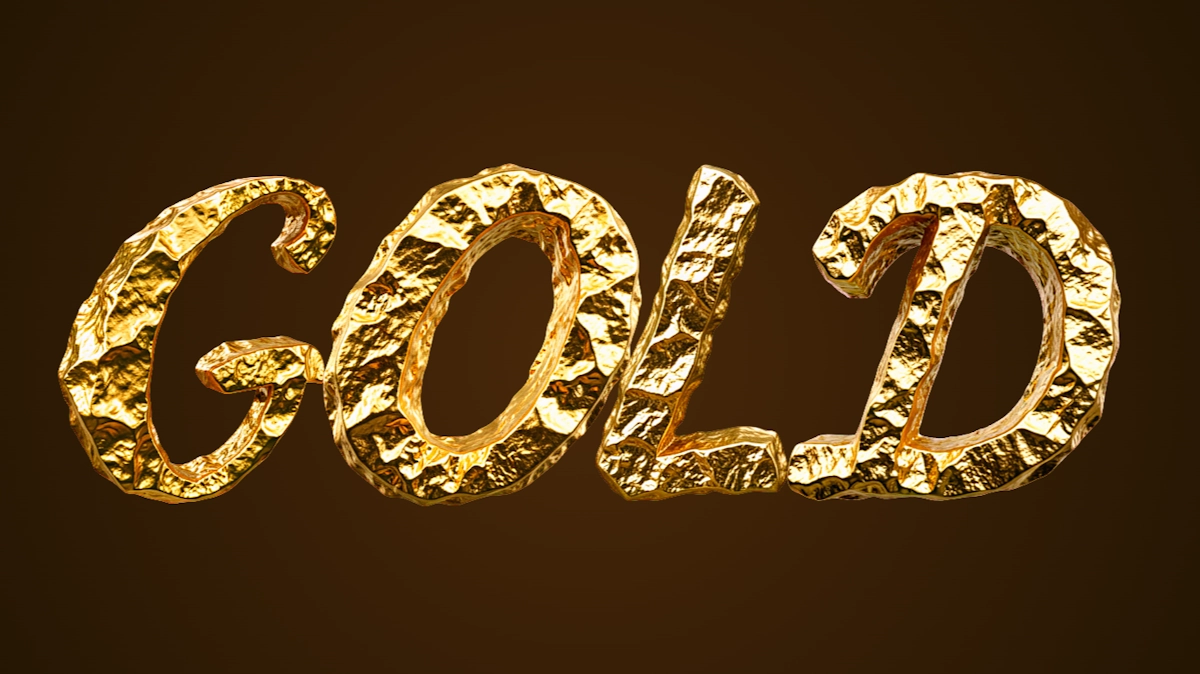 Texto 3D volumétrico de minério de ouro: letras realistas em ouro