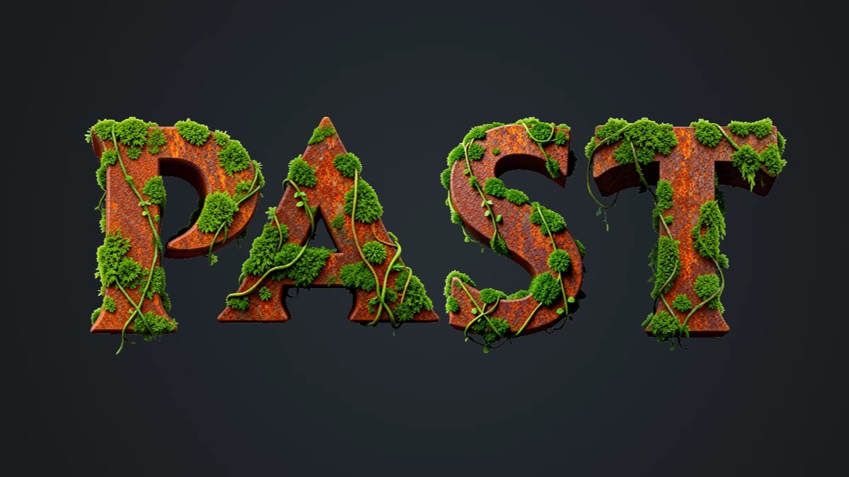 Texto 3D de metal enferrujado, coberto de musgo verde e uvas