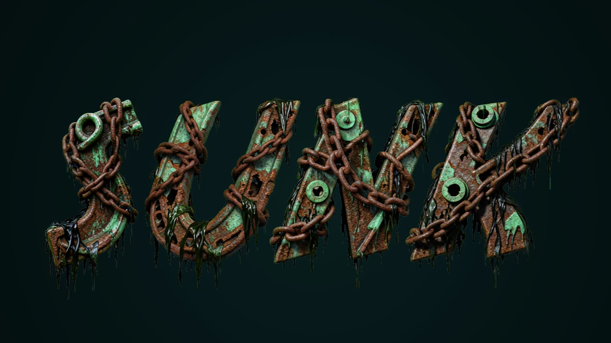 Texto 3D de metal enferrujado com correntes e algas marinhas