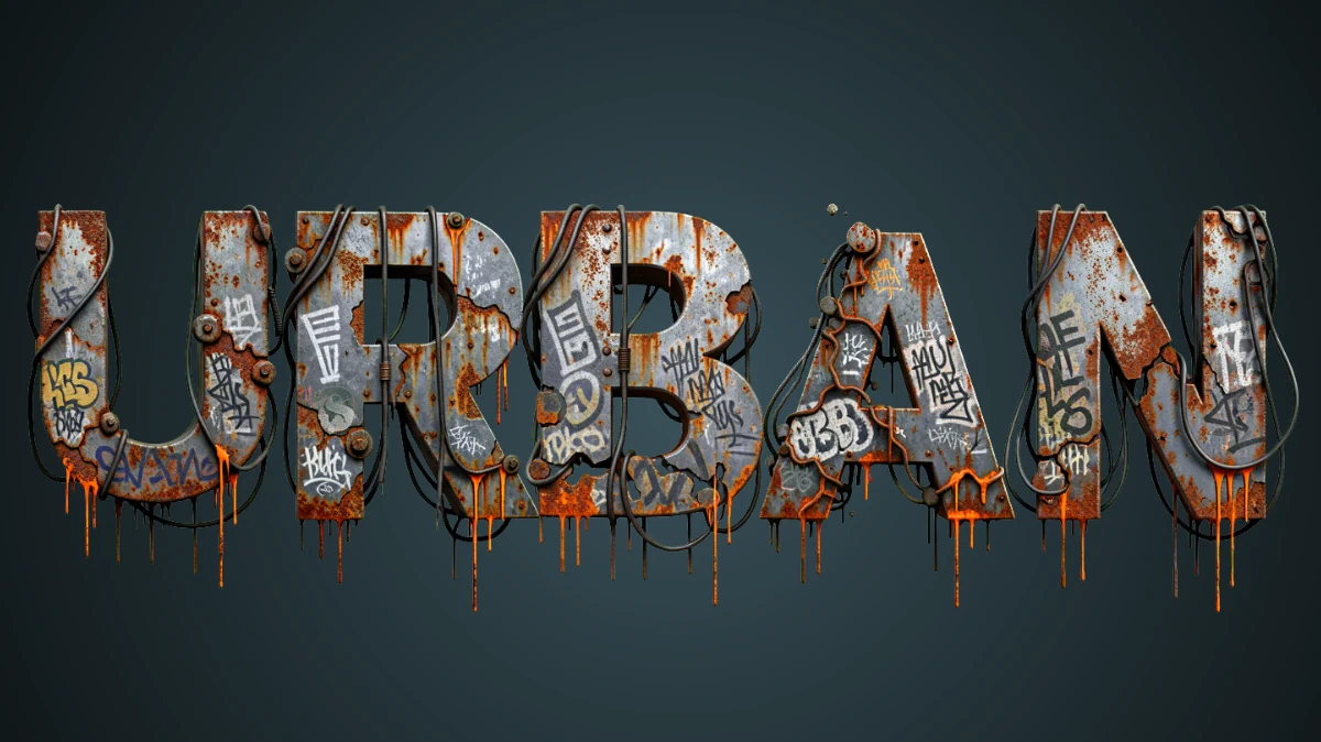 Texto volumétrico urbano: metal enferrujado com grafite, cabos e manchas