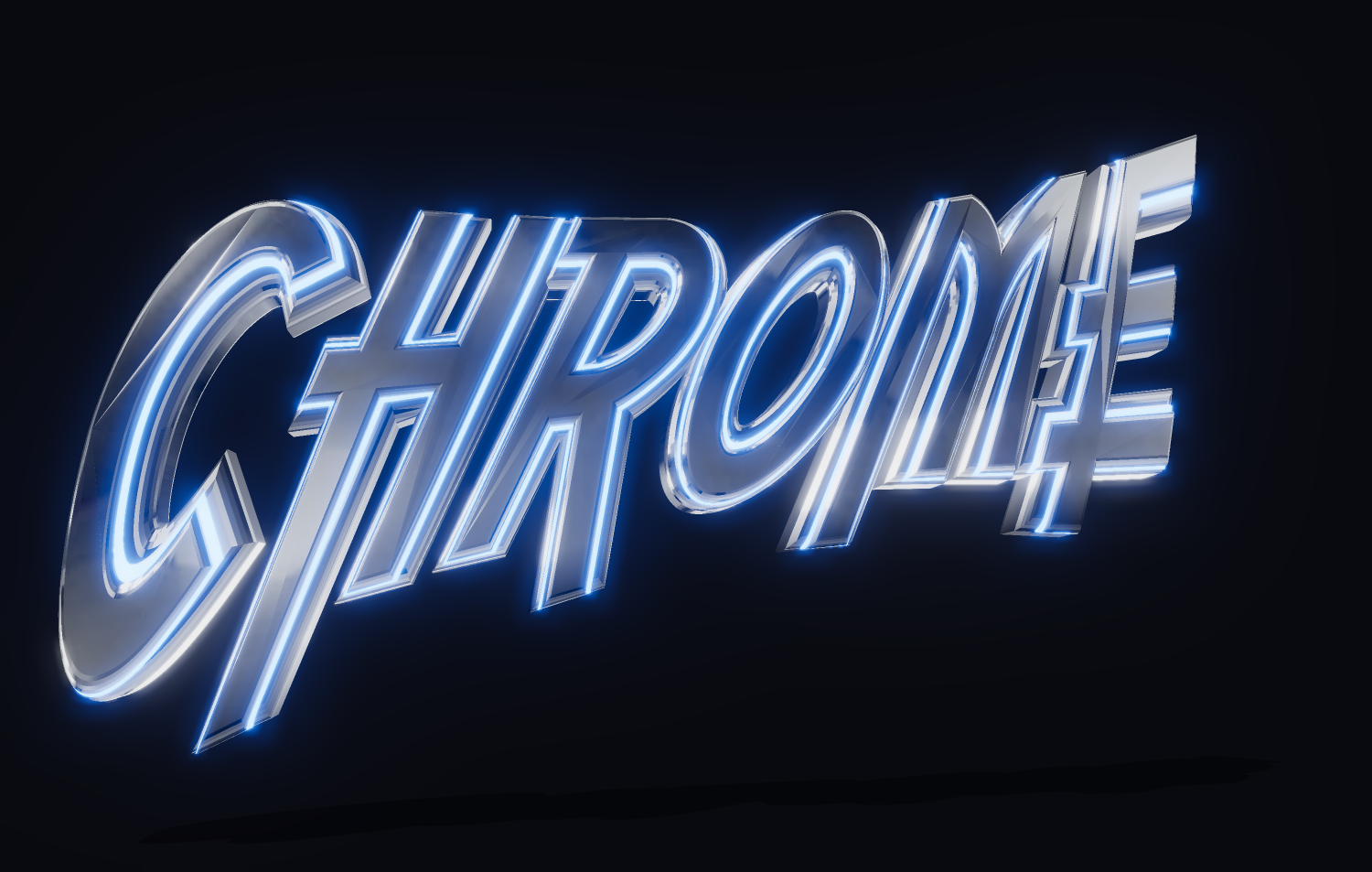 Texto 3D em cromo com iluminação neon azul. Fontes 3D.