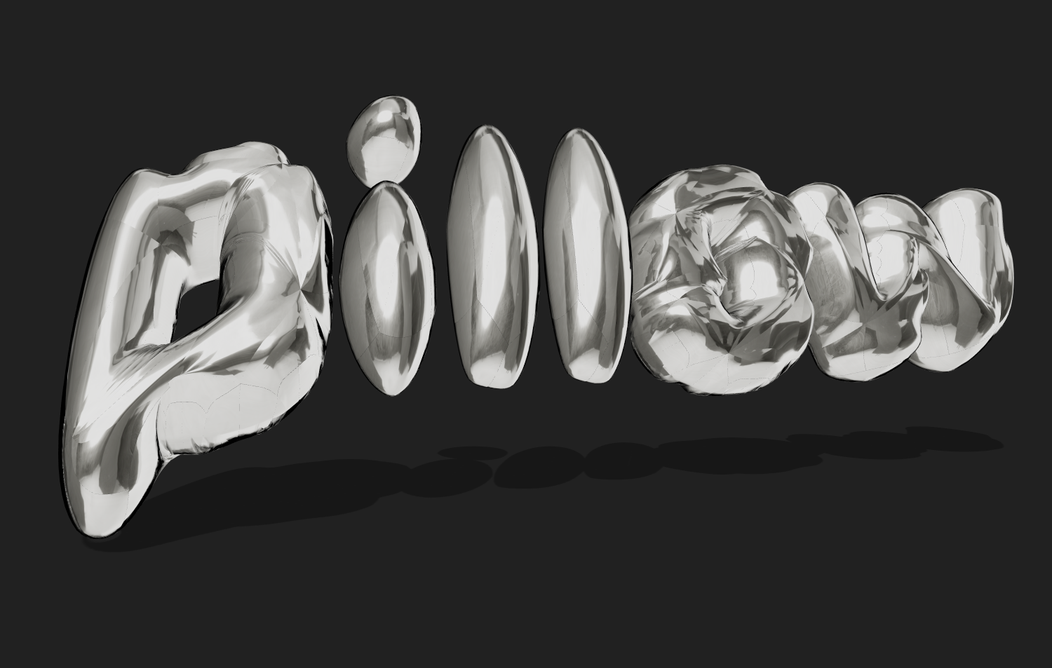 Texto 3D inflável em cromo. Fonte no estilo almofadas.