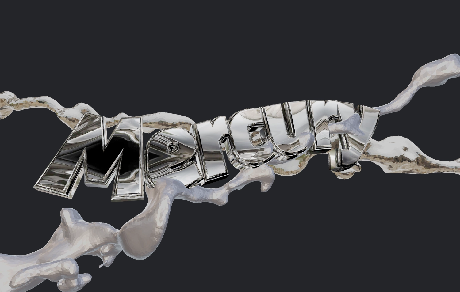 Fonte 3D cromada com salpicões. Efeito metal líquido.